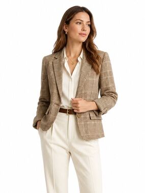 RALPH LAUREN Linen Glen Plaid Blazer Women’s Size 8 Brown Tan Jacket Old Money